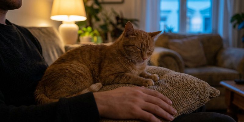 Gato amasando tranquilo en un cojin junto a su duena