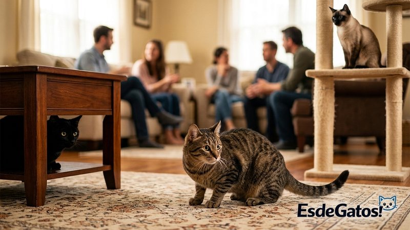 Un gato ante visitas en una misma escena natural: un gato escondido bajo una mesa auxiliar