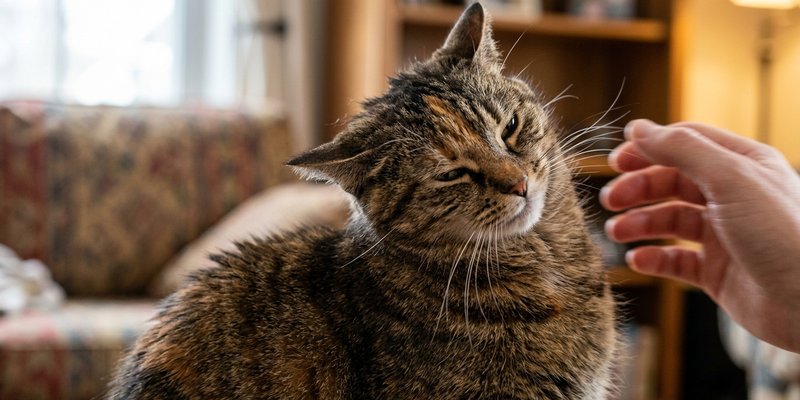 Gato apartando la cabeza de una mano a media caricia