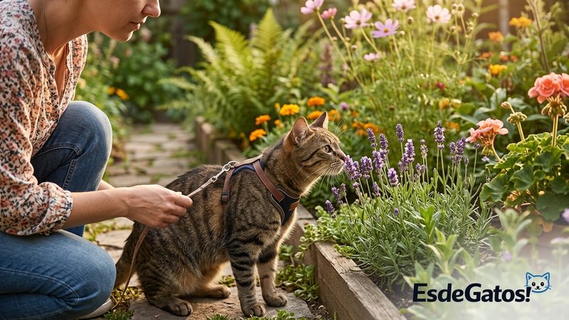 Un gato con arnés acercando el hocico con curiosidad a unas plantas de un jardín, mientras su dueño está atento a su