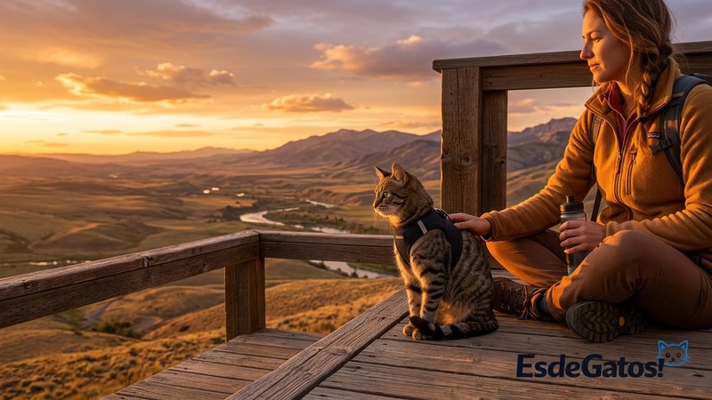 Un gato con arnés sentado tranquilo en un mirador al aire libre contemplando un paisaje abierto, con su dueño a su lado
