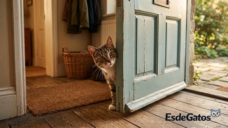 Un gato de aspecto callejero recién adoptado, asomado con curiosidad a la puerta abierta de una casa acogedora