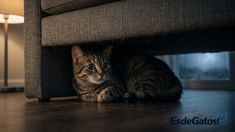 Un gato asustado escondido debajo de un sofá, con los ojos muy abiertos, mientras al otro lado de la ventana se intuye