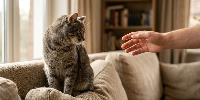 Gato atigrado que aparta la cabeza cuando una mano se acerca a acariciarlo