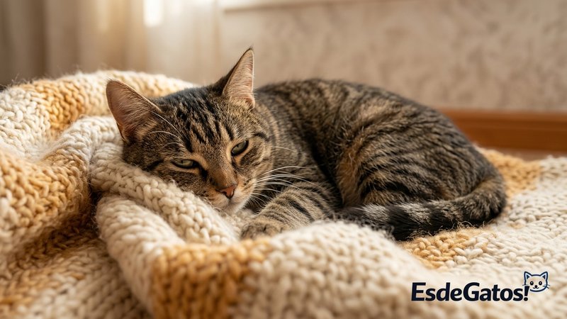 Un gato aturdido descansando sobre una manta mullida en un rincón tranquilo, recuperándose