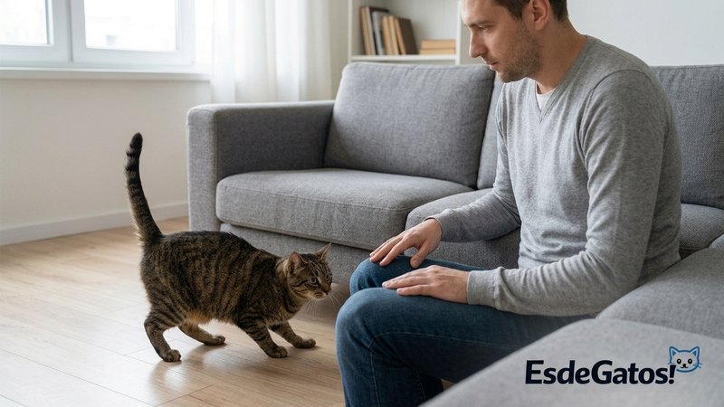 Un gato avanzando con cautela hacia una visita que está sentada en el sofá