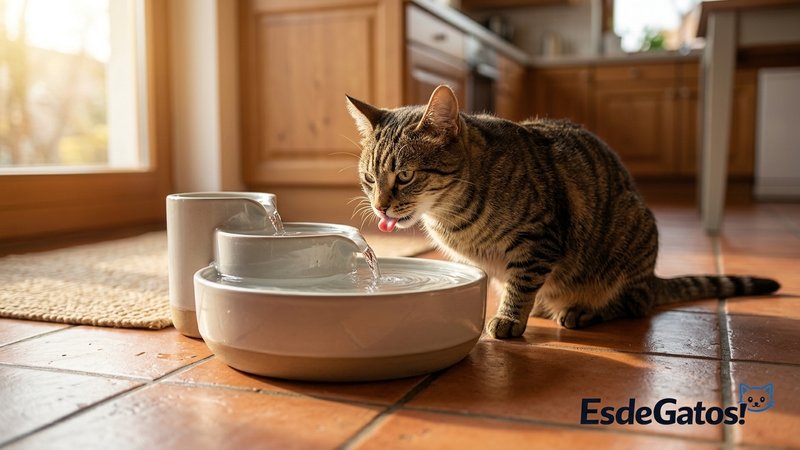 Un gato bebiendo de una fuente de agua para gatos en el suelo de la cocina