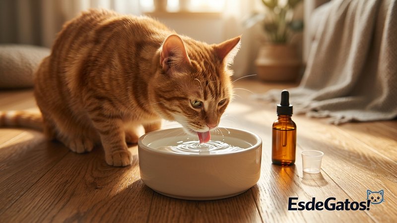 Un gato bebiendo un poco de agua de un cuenco después de tomar su medicina, en casa