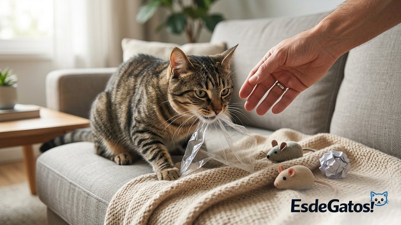 gato muerde bolsa