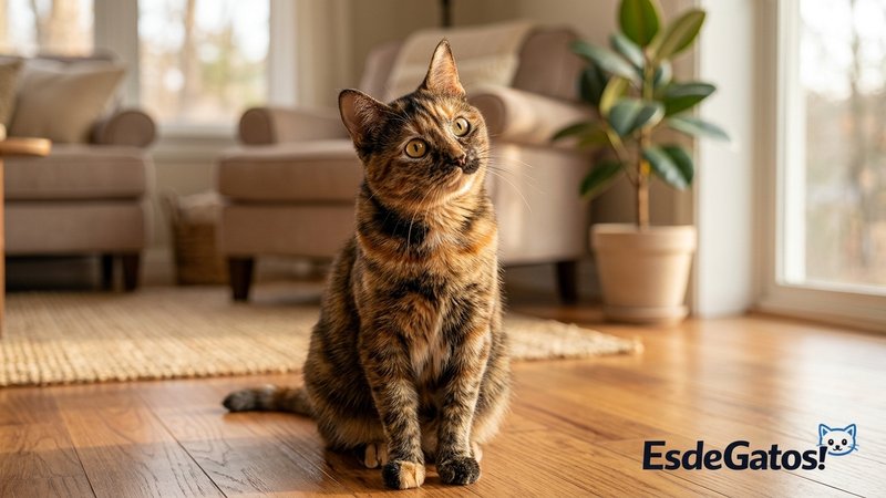Un gato con la cabeza claramente inclinada hacia un lado, sentado en el suelo de una habitación