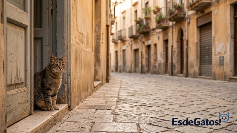 Un gato callejero solitario sentado en el umbral de una puerta en una calle tranquila