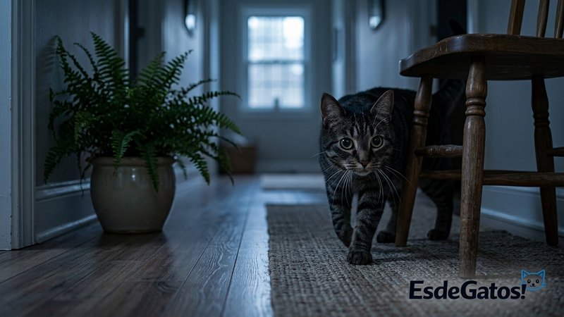 Un gato caminando por un pasillo de casa durante la noche