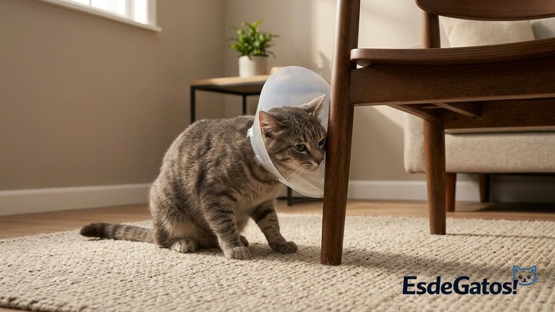 Un gato caminando torpemente con un collar isabelino alrededor de la cabeza