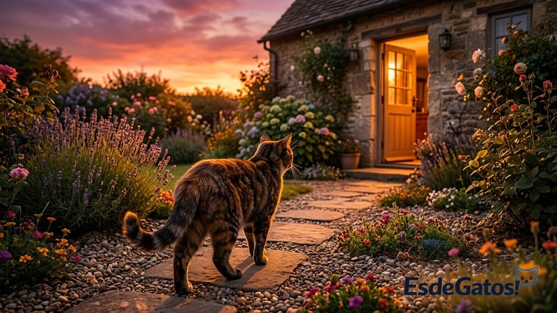 Un gato caminando de vuelta hacia la puerta iluminada de una casa al atardecer, por el sendero de un jardín