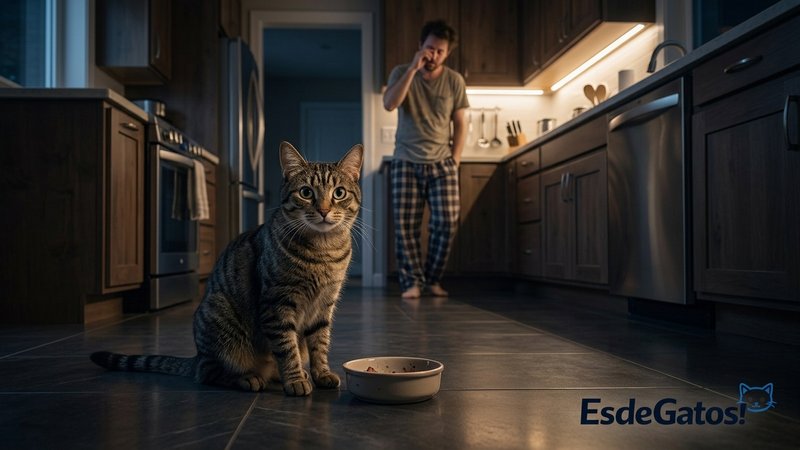 Un gato en una cocina durante la noche