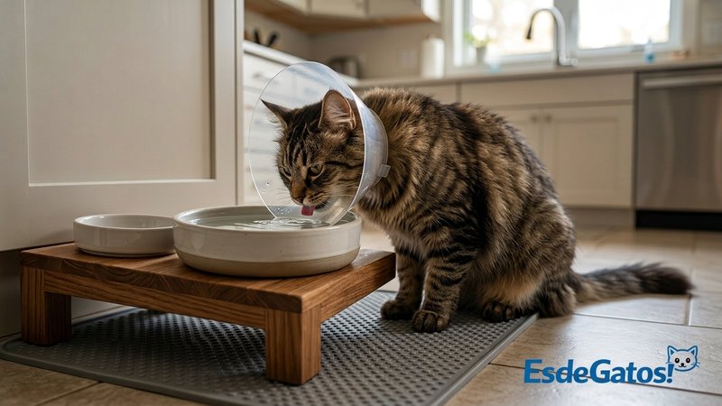 Un gato con collar isabelino intentando beber agua de un recipiente ancho y estable