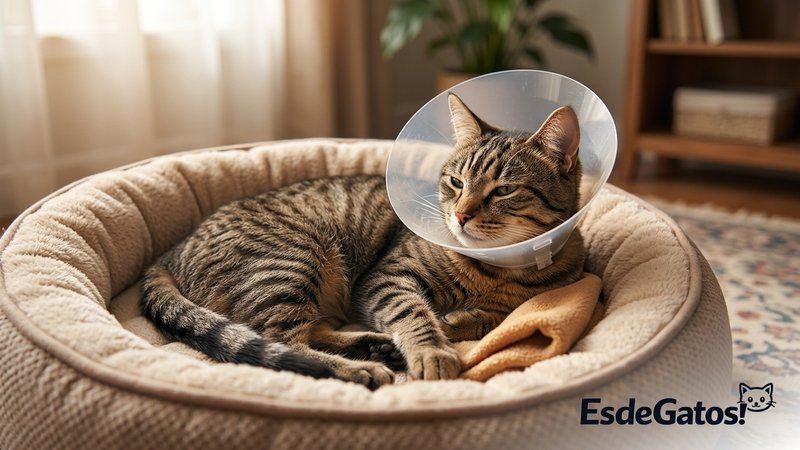 Un gato con un collar isabelino recuperándose tranquilo en su camita en casa