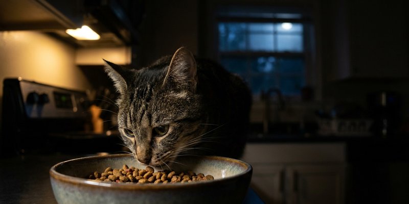 Gato comiendo de su cuenco en una cocina poco iluminada de madrugada