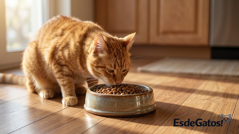 Un gato comiendo de un cuenco de pienso de calidad en el suelo de la cocina