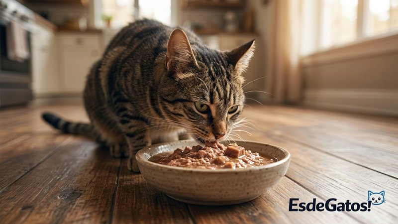 Un gato comiendo con ganas de un cuenco de comida húmeda en el suelo de la cocina