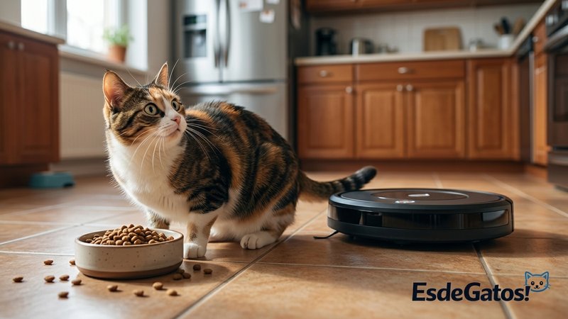 Un gato comiendo tranquilamente en el suelo de una cocina