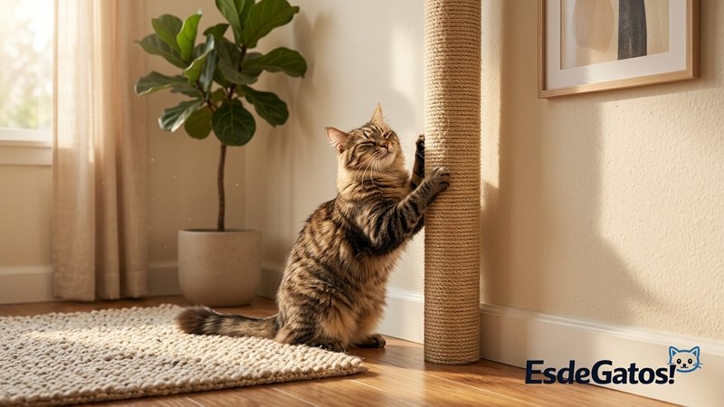 Un gato contento usando un rascador vertical en un rincón del salón