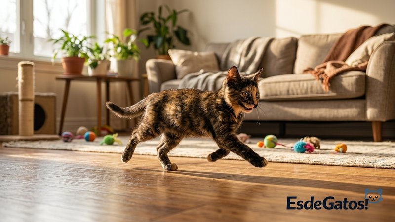 Un gato correteando lleno de energía por el salón de una casa, en pleno movimiento