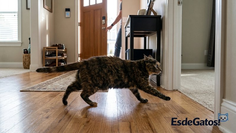 Un gato corriendo hacia su escondite justo después de escuchar el timbre