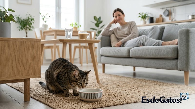 Un gato curioso acercándose a una taza propia con agua limpia colocada en el suelo