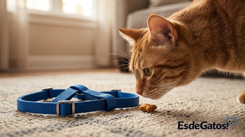 Un gato curioso olfateando un arnés colocado en el suelo junto a un premio, en el salón de casa