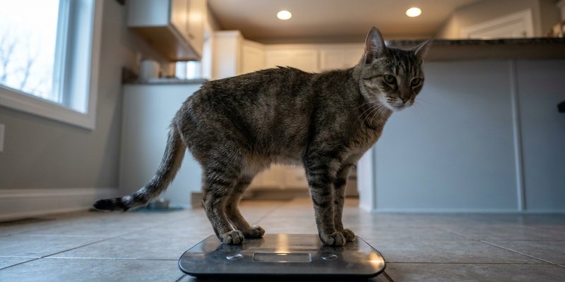 Gato delgado de pie sobre una bascula en el suelo de la cocina