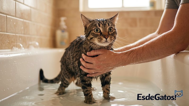 Un gato dentro de una bañera con algo de agua, mojado y con expresión de susto, mientras una persona lo sujeta con