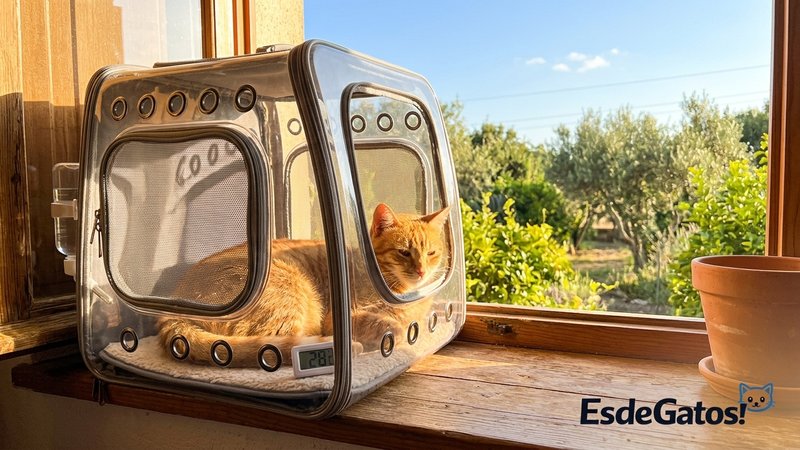 Un gato dentro de un transportín bien ventilado junto a una ventana en un día caluroso de verano