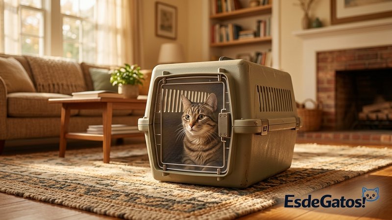 Un gato dentro de un transportín de plástico rígido cerrado, colocado en medio del salón de una casa