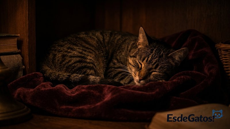 Un gato descansando en un rincón acogedor, oscuro y silencioso de la casa, con luz muy tenue