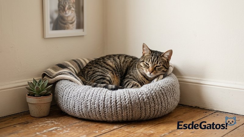 Un gato descansando tranquilo en su propio rincón acogedor, una camita junto a la pared en una habitación silenciosa