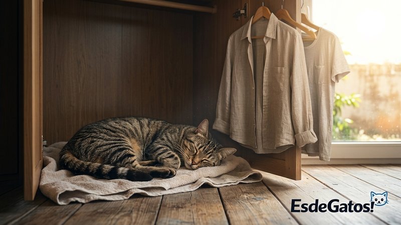 Un gato descansando en la zona fresca y sombreada de un clóset durante un día caluroso