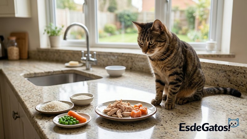 Un gato doméstico adulto sentado en una cocina limpia