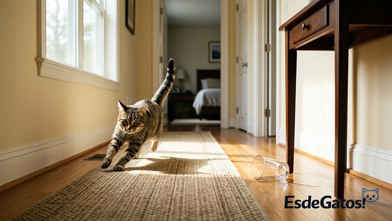 Un gato doméstico de pelo corto saliendo corriendo por el pasillo de una casa luminosa