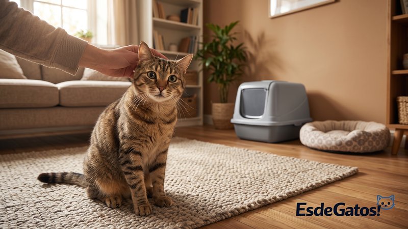 Un gato doméstico sentado en el suelo de una sala acogedora