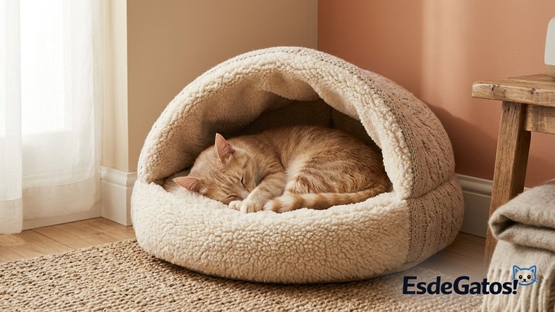 Un gato durmiendo acurrucado y calentito dentro de una cama cubierta y mullida en un rincón