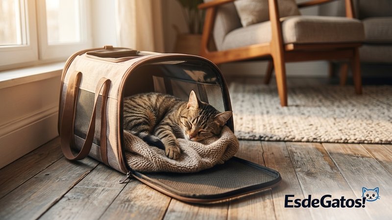 Un gato durmiendo plácidamente dentro de su transportín abierto en un rincón del salón
