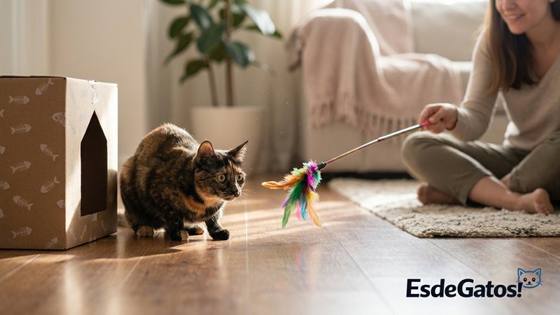 Un gato empezando a jugar con una caña de juguete larga