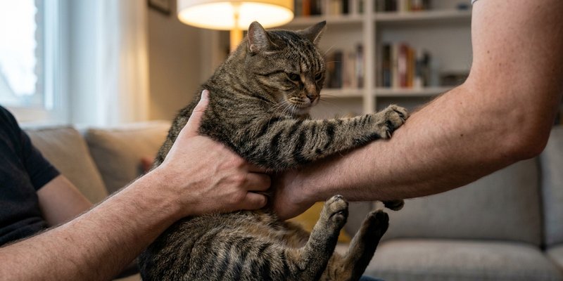 Gato empujando con la pata las manos que intentan sujetarlo