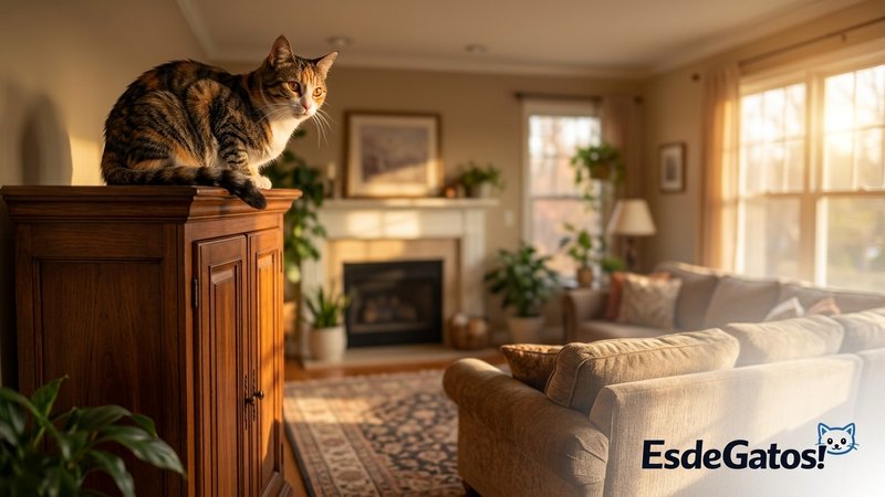 Un gato encaramado en lo alto de un mueble, haciendo cosas propias de gato, en el salón