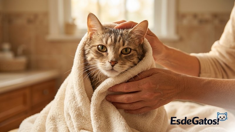 Un gato envuelto en una toalla mientras su dueño lo seca con suavidad, sin taparle la cara
