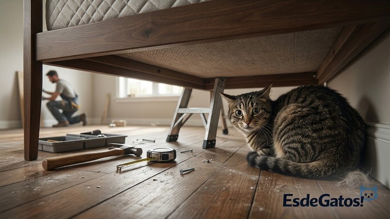 Un gato escondido bajo una cama durante una tarde de reparaciones en casa