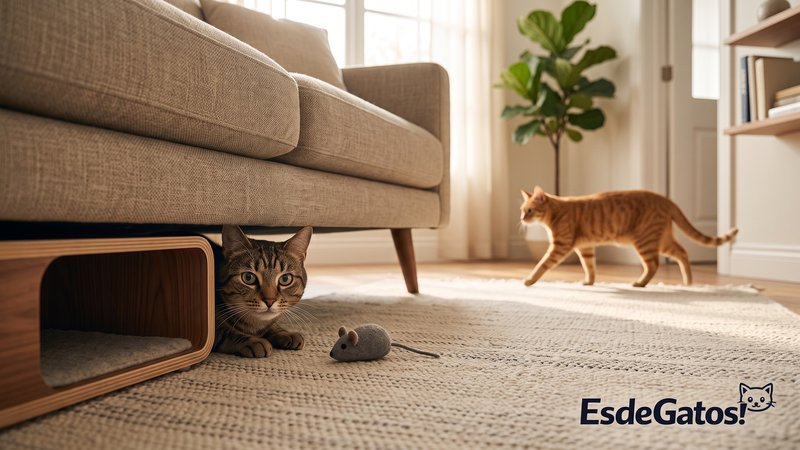 Un gato escondido debajo de un mueble bajo o dentro de un refugio abierto