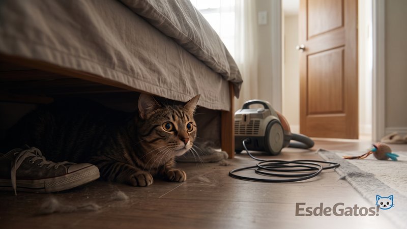 Un gato escondido parcialmente debajo de una cama