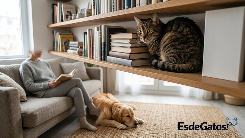 Un gato escondido en una repisa alta mientras observa desde arriba a un perro nuevo